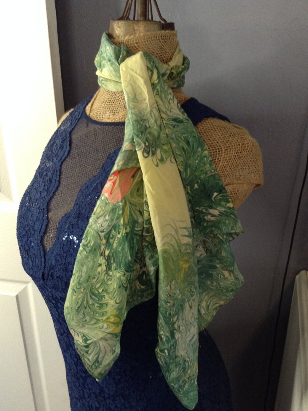 VTG 1945-50's Hand "Muddle" prints Silk Marbled Scarf hand rolled seam Exclusive